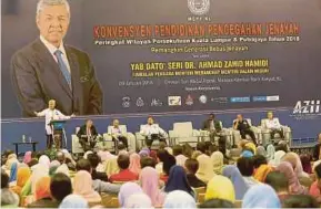  ?? PIC BY ZULFADHLI ZULKIFLI ?? Deputy Prime Minister Datuk Seri Dr Ahmad Zahid Hamidi speaking at the Crime Prevention Education Convention in Kuala Lumpur yesterday.