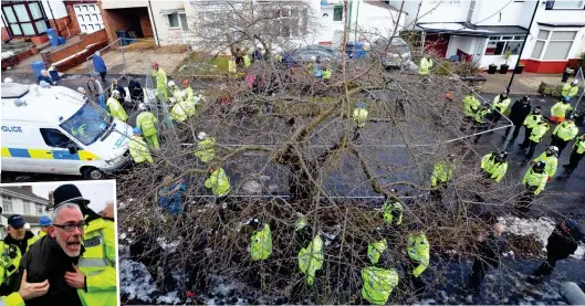  ??  ?? Ring of steel: Police surround the tree in Sheffield yesterday. Left, officers usher a protester away