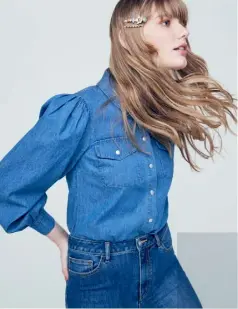  ??  ?? Shirt, £42, 6-16 Warehouse.
Top (just seen), £30, s-xl, La Redoute. Jeans, £19.50, 6-24, Marks & Spencer. Hairclips, £10 for a set of 3, Accessoriz­e