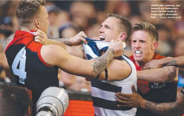  ?? Picture: MICHAEL KLEIN ?? GRAPPLING: Geelong's Joel Selwood and Melbourne's James Harmes tangle in Friday night’s eliminatio­n final.