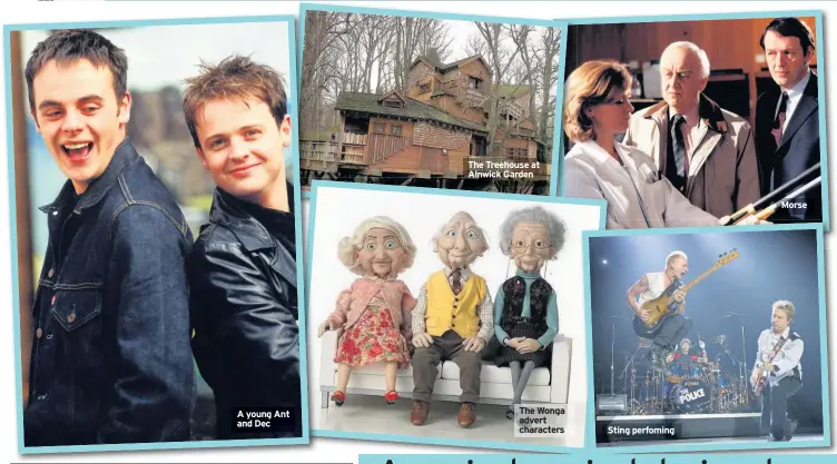  ??  ?? A young Ant and Dec The Treehouse at Alnwick Garden The Wonga advert characters Sting perfoming Morse