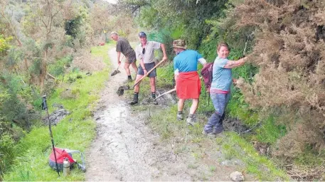  ?? ?? Te Araroa Manawatu¯ Trust volunteers at work on the Makahika section of the trail. Trust chairman Dave Grant is in the middle.