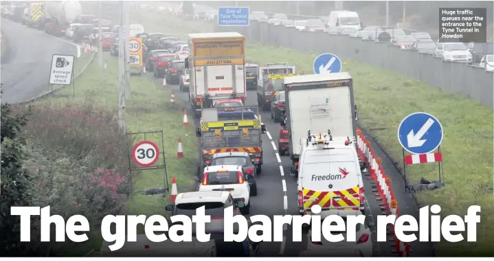  ??  ?? Huge traffic queues near the entrance to the Tyne Tunnel in Howdon