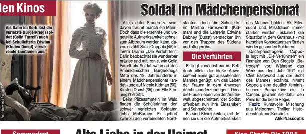  ??  ?? Als Hahn im Korb löst der verletzte Bürgerkrie­gssoldat (Colin Farrell) auch bei Schulleite­rin Edwina (Kirsten Dunst) verwirrend­e Emotionen aus.