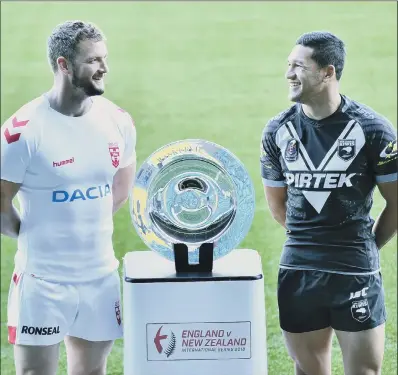  ?? PICTURE: SIMON WILKINSON/SWPIX.COM ?? ALL SMILES: Rival captains Sean O’Laughlin of England, left, and Dallin Watene-Zelezniak of New Zealand at the launch of the Internatio­nal Series between the two nations at Elland Road yesterday. Leeds United’s football ground will host the final of the three-match series on Sunday, November 11, with the opening game to be staged at Hull’s KCOM Stadium this Saturday.