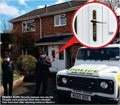  ??  ?? DEADLY PLOT: Security sources now say the Skripals were poisoned when they unlocked their front door after returning home on March 4