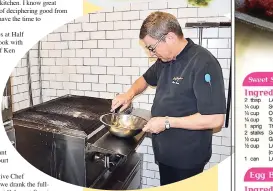  ?? PHOTO BY JANET SILVERA ?? Michelin star executive chef Ken Frank prepares grilled shrimp during a cooking class at the Half Moon Sugar Mill restaurant.
ABOVE: Grilled shrimp with sweet garlic puree and sauce verte.