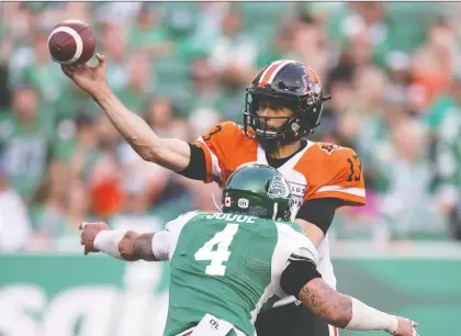  ?? TROY FLEECE ?? B.C. Lions quarterbac­k Mike Reilly gets rid of the ball under pressure from Saskatchew­an Roughrider­s linebacker Cameron Judge during last weekend’s game in Regina, which the Riders won 38-25. The two teams square off again on Saturday at BC Place in Vancouver.