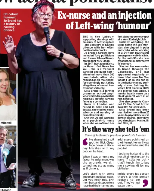  ??  ?? Off-colour humour: Jo Brand has a history of causing offence Target: Nigel Farage