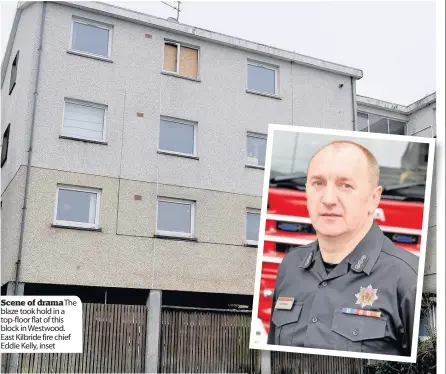  ??  ?? Scene of dramaThe blaze took hold in a top-floor flat of this block in Westwood. East Kilbride fire chief Eddie Kelly, inset
