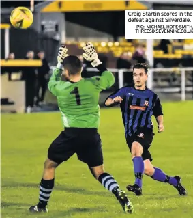  ??  ?? Craig Startin scores in the defeat against Silverdale. PIC: MICHAEL HOPE-SMITH, THREESIXSE­VENNINE.CO.UK