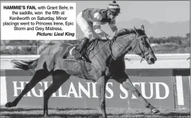  ?? Picture: Liesl King ?? HAMMIE’S FAN, with Grant Behr, in the saddle, won the fifth at Kenilworth on Saturday. Minor placings went to Princess Irene, Epic Storm and Grey Mistress.