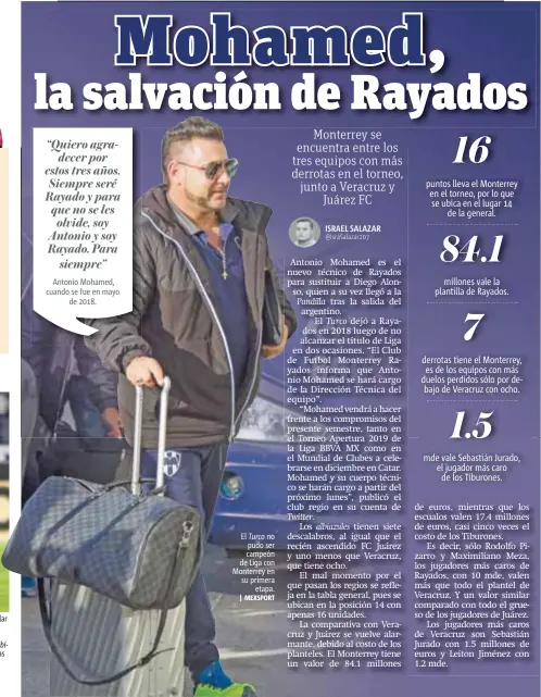  ?? | MEXSPORT ?? El Turco no pudo ser campeón de Liga con Monterrey en su primera etapa.
“Quiero agradecer por estos tres años. Siempre seré Rayado y para que no se les olvide, soy Antonio y soy Rayado. Para siempre” Antonio Mohamed, cuando se fue en mayo de 2018.