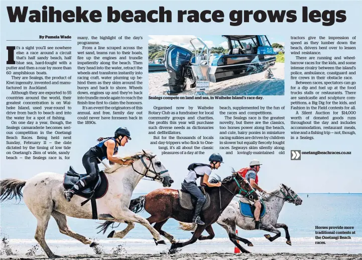  ??  ?? Sealegs compete on land and sea, in Waiheke Island’s race day. onetangibe­achraces.co.nz Horses provide more traditiona­l contests at the Onetangi Beach races.