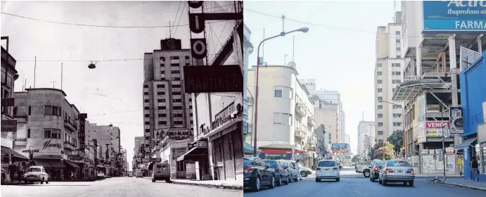  ?? FOTOS: EMMANUEL BRIANE Y ARCHIVO LA NUEVA. ?? Una postal de la década del 70 y la imagen actual. Hace algunas décadas, este sector de la ciudad era el punto de reuniones por excelencia. Su fisonomía cambió, como tantas otras cosas.