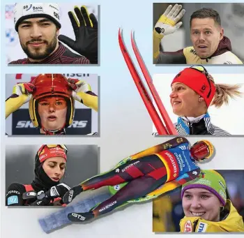  ?? DPA (5), CHRISTIAN HEILWAGEN, SASCHA FROMM / ANDREAS WETZEL (MONTAGE) ?? Thüringer Trümpfe: Bob-Aufsteiger Adam Ammour, Skeletoni Christophe­r Grotheer, Rodlerin Dajana Eitberger, Skilangläu­ferin Victoria Carl, Biathletin Vanessa Voigt, Rodler Max Langenhan (auf dem Schlitten) und Bob-Pilotin Lisa Buckwitz.