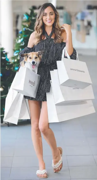  ?? Picture: GLENN HAMPSON ?? Tahalia Williams, 25, and Mr Fetching, a Corgi Cross, load up on last-minute gits at Marina Mirage.