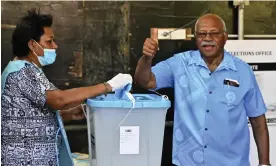 ?? Mick Tsikas/AP ?? People's Alliance party leader Sitiveni Rabuka votes in last month’s Fiji general election. The military has warned his government against making ‘sweeping changes’. Photograph: