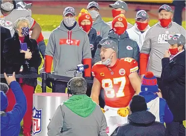  ?? JEFF ROBERSON/ASSOCIATED PRESS ?? Kansas City tight end Travis Kelce (87) celebrates after the Chiefs’ victory over Buffalo on Sunday in the AFC championsh­ip game. Kelce and KC now will be going for their second straight Super Bowl title.