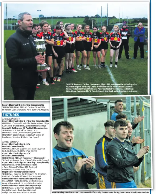  ?? PICTURE BY ALAN FINN ?? TALKER: Raymond Carden, chairperso­n, Sligo LGFA, addresses the gathering prior to presenting the Normanly Cup to Drumcliffe-Rosses Point captain Caoimhe Connor following Drumcliffe-Rosses Point’s defeat of Tourlestra­ne in the Sligo LGFA Minor Championsh­ip ‘A’ Cup decider at Kent Park on Wednesday of last week.