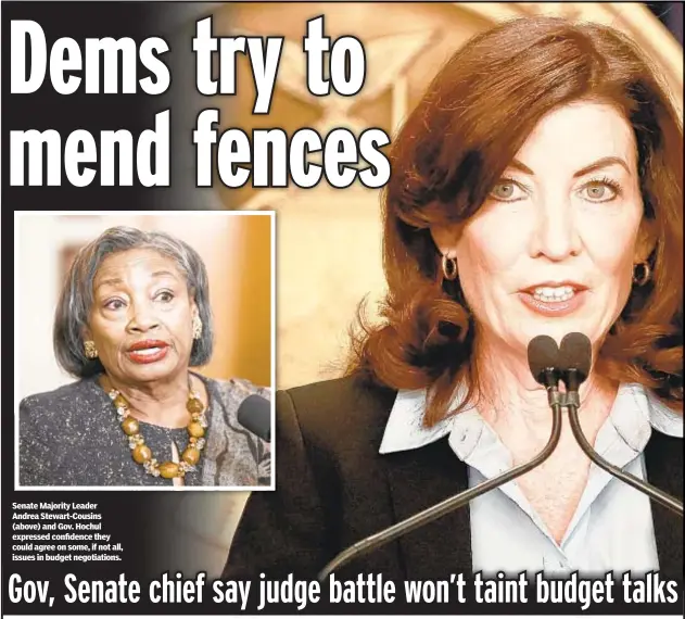  ?? ?? Senate Majority Leader Andrea Stewart-Cousins (above) and Gov. Hochul expressed confidence they could agree on some, if not all, issues in budget negotiatio­ns.