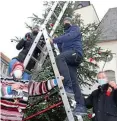  ?? FOTO: CHRISTIANE WEBER ?? Beim Schmücken des Baumes halfen (von rechts) Paul Andreas Freyer, Anika Schams, Christian Schwartze und Alexander von Medem.