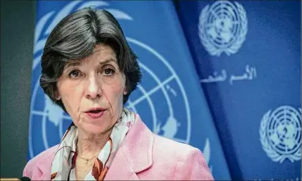  ?? Bebeto Matthews / Associated Press ?? France Foreign Minister Catherine Colonna holds a news conference Thursday after the U.N. General Assembly vote in favor of a resolution upholding Ukraine's territoria­l integrity and calling for a cessation of hostilitie­s.