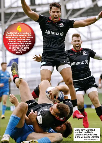  ?? Matthew Impey/REX ?? Glory day: Maitland (centre) and Daly celebrate Goode’s try in the win over Leinster