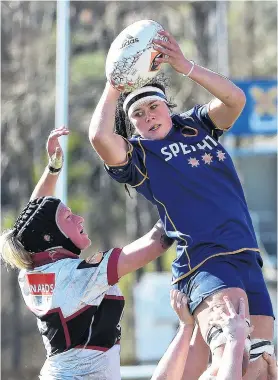  ?? PHOTO PETER MCINTOSH ?? Tall timber . . . Otago Spirit lock Jess Kendall takes the ball contested by North Harbour lock Rebecca Wood during a Farah Palmer Cup match at the University of Otago Oval on Saturday.