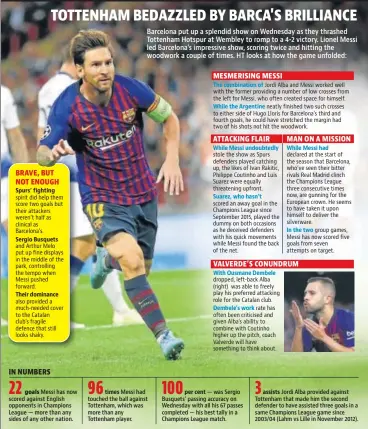  ??  ?? Spurs’ fighting Sergio Busquets Their dominance times per cent The combinatio­n of While the Argentine While Messi undoubtedl­y Suarez, who hasn’t With Ousmane Dembele Dembele’s work assists While Messi had In the two