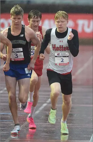  ?? MEDIA NEWS GROUP PHOTO ?? Hatboro-Horsham’s Brian DiCola took first place in the High School Boys’ Mile Run Championsh­ip Friday evening at the Penn Relays in a time of 4:11.23. DiCola finished up his season by setting a new PIAA record in the 3,200with a time of 8:47.39.