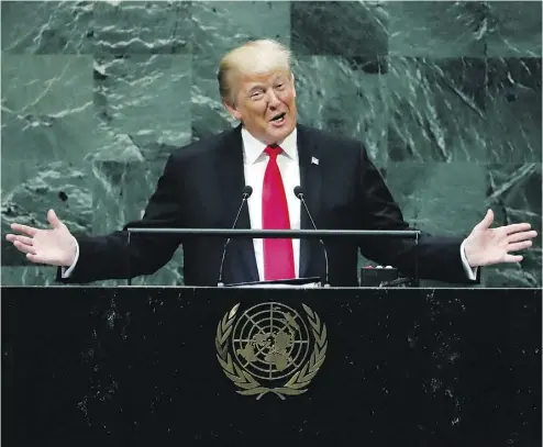  ?? RICHARD DREW / THE ASSOCIATED PRESS ?? U.S. President Donald Trump addresses the 73rd session of the United Nations General Assembly Tuesday in New York.