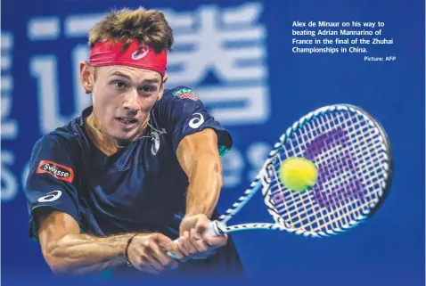  ?? Picture: AFP ?? Alex de Minaur on his way to beating Adrian Mannarino of France in the final of the Zhuhai Championsh­ips in China.