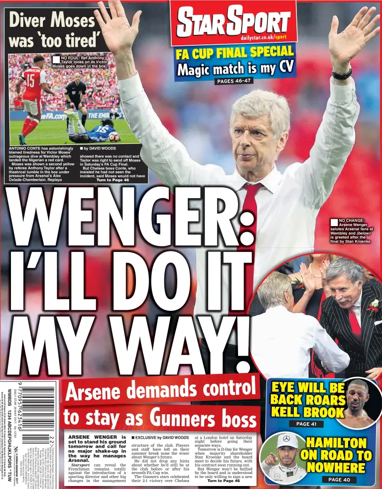  ??  ?? EXCLUSIVE by DAVID WOODS NO CHANGE: Arsene Wenger salutes Arsenal fans at Wembley and (below) is greeted after the final by Stan Kroenke