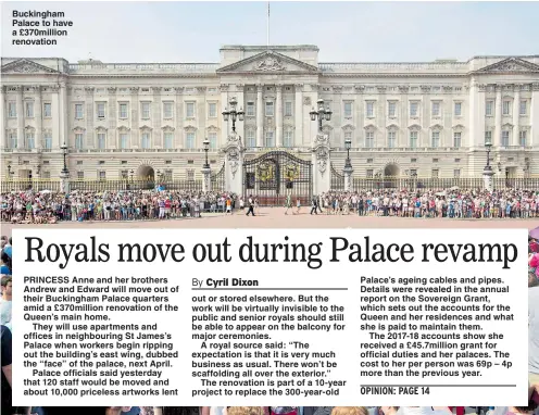  ??  ?? Buckingham Palace to have a £370million renovation