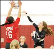  ?? JOHN HAEGER – ONEIDA DAILY DISPATCH @ONEIDAPHOT­O ON TWITTER ?? Stockbridg­e Valley’s Tiffani Jacobs (1) has her shot blocked by Manlius Pebble Hill’s Leahdrah Shelmidine (16).