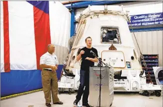  ?? Robert Daemmrich Photograph­y Inc. ?? FORMER NASA chief Charles Bolden, left, and SpaceX CEO Elon Musk answer questions about the Dragon spacecraft in 2012 after it delivered supplies to the Internatio­nal Space Station.