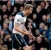  ??  ?? Harry Kane celebrates one of his two goals against Everton.