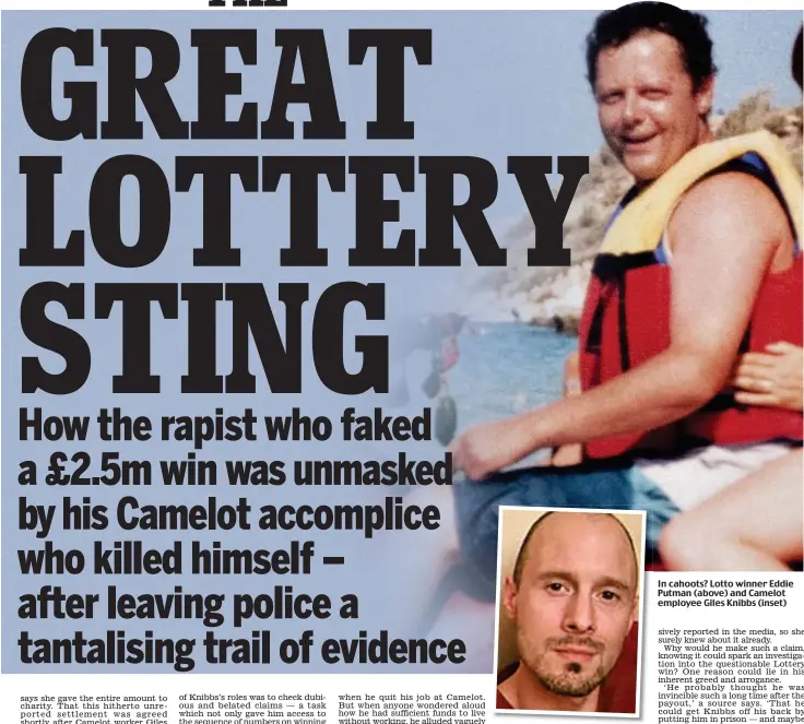  ??  ?? In cahoots? Lotto winner Eddie Putman (above) and Camelot employee Giles Knibbs (inset)