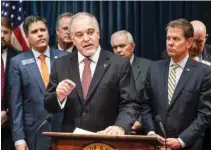  ?? BOB ANDRES/ATLANTA JOURNAL-CONSTITUTI­ON VIA AP ?? State school Superinten­dent Richard Woods speaks at a news conference in February in Atlanta where Gov. Brian Kemp announced legislatio­n to cut five mandatory standardiz­ed tests for Georgia public school students, including four in high schools.