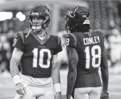  ?? Brett Coomer / Staff photograph­er ?? Texans receiver Chris Conley and his teammates should get a chance to see QB Davis Mills operate a more complex game plan.