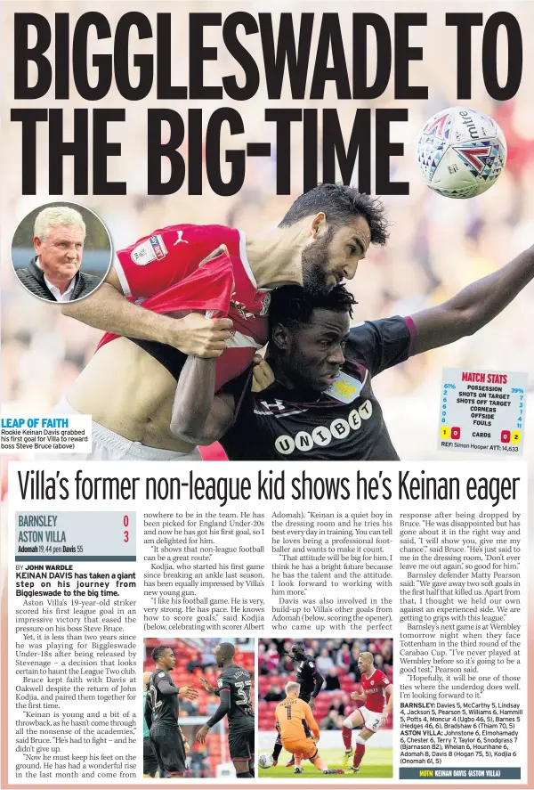  ??  ?? LEAP OF FAITH Rookie Keinan Davis grabbed his first goal for Villa to reward boss Steve Bruce (above)