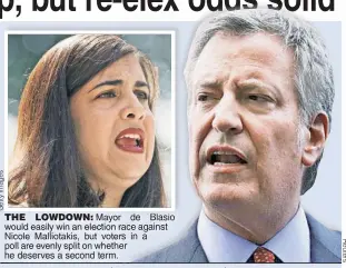  ??  ?? THE LOWDOWN: Mayor de Blasio would easily win an election race against Nicole Malliotaki­s, but voters in a poll are evenly split on whether he deserves a second term.