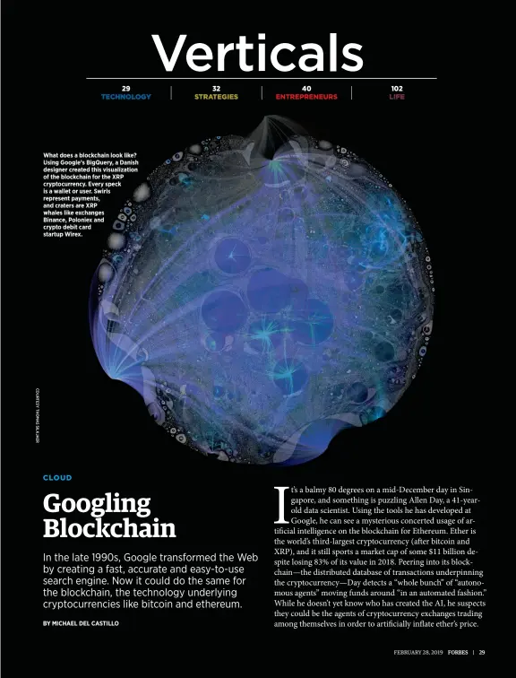  ??  ?? What does a blockchain look like? Using Google’s BigQuery, a danish designer created this visualizat­ion of the blockchain for the XRP cryptocurr­ency. every speck is a wallet or user. swirls represent payments, and craters are XRP whales like exchanges Binance, Poloniex and crypto debit card startup Wirex.