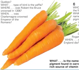  ?? ?? WHAT . . . is the name of the orange pigment found in carrots, which is a rich source of vitamin A?