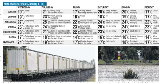  ?? PHOTOS: GERARD O’BRIEN ?? Stranded . . . A train carrying milk powder from Edendale to Dunedin remains stranded at Henley after the main line further north was flooded at the weekend. A KiwiRail spokesman said the train would remain in place until the flooding receded. Fonterra would move the milk powder from the train on to trucks for delivery to Dunedin, he said.