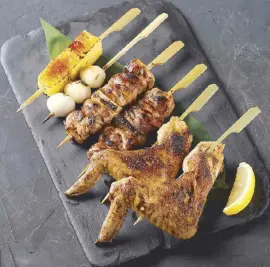  ?? ?? The Chicken Yakitori Platter: Free-range grilled chicken skewers with quail eggs and tamago in tare sauce