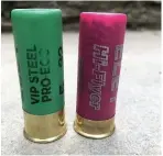  ??  ?? > Far left: A cartridge bag with a mixture of 12-bore cartridges, some loaded with lead, others with steel. Left: A green steel shot cartridge and a pink shell, loaded with lead