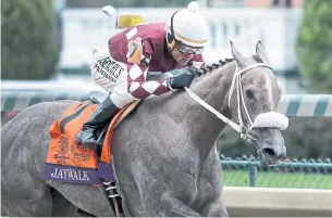  ?? DARRON CUMMINGS THE ASSOCIATED PRESS ?? Joel Rosario rides Jaywalk to victory in the Breeders' Cup Juvenile Fillies race on Friday.