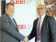  ?? PHOTO: SUPPLIED ?? Puleng Technologi­es managing director Paul Thompson (left) and Khalid Abdulla, AEEI’s group chief executive. The acquisitio­n is AEEI’s latest foray into the IT space.